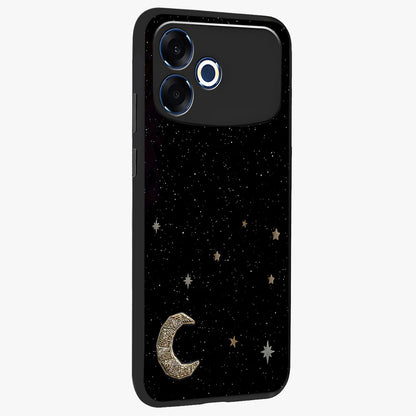 Twinkle Star With Half Moon Glass Case upright view showcasing glowing cosmic artwork with dreamy night theme.