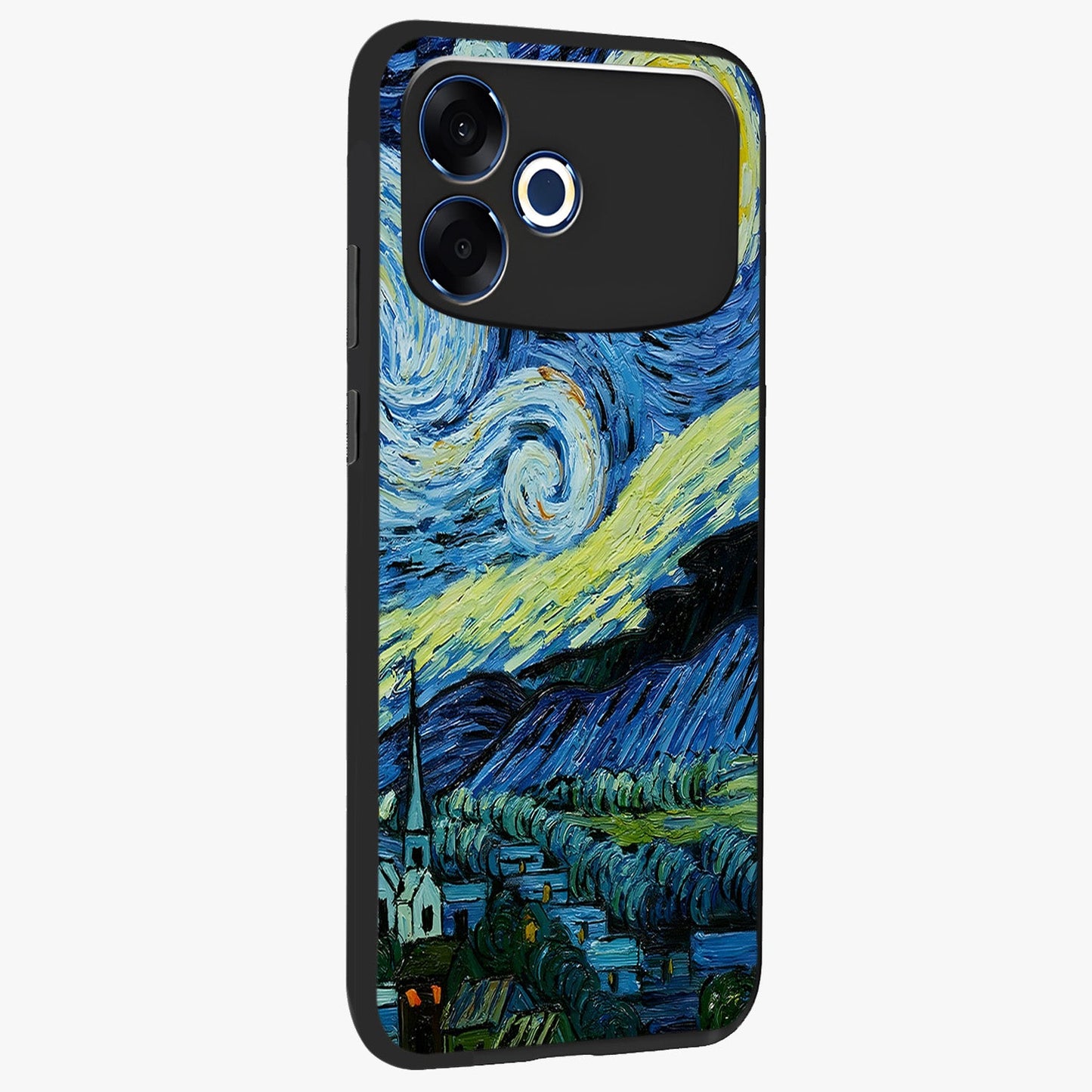 Van Gogh Art Glass Case upright view showcasing expressive painting style artwork with timeless artistic theme.