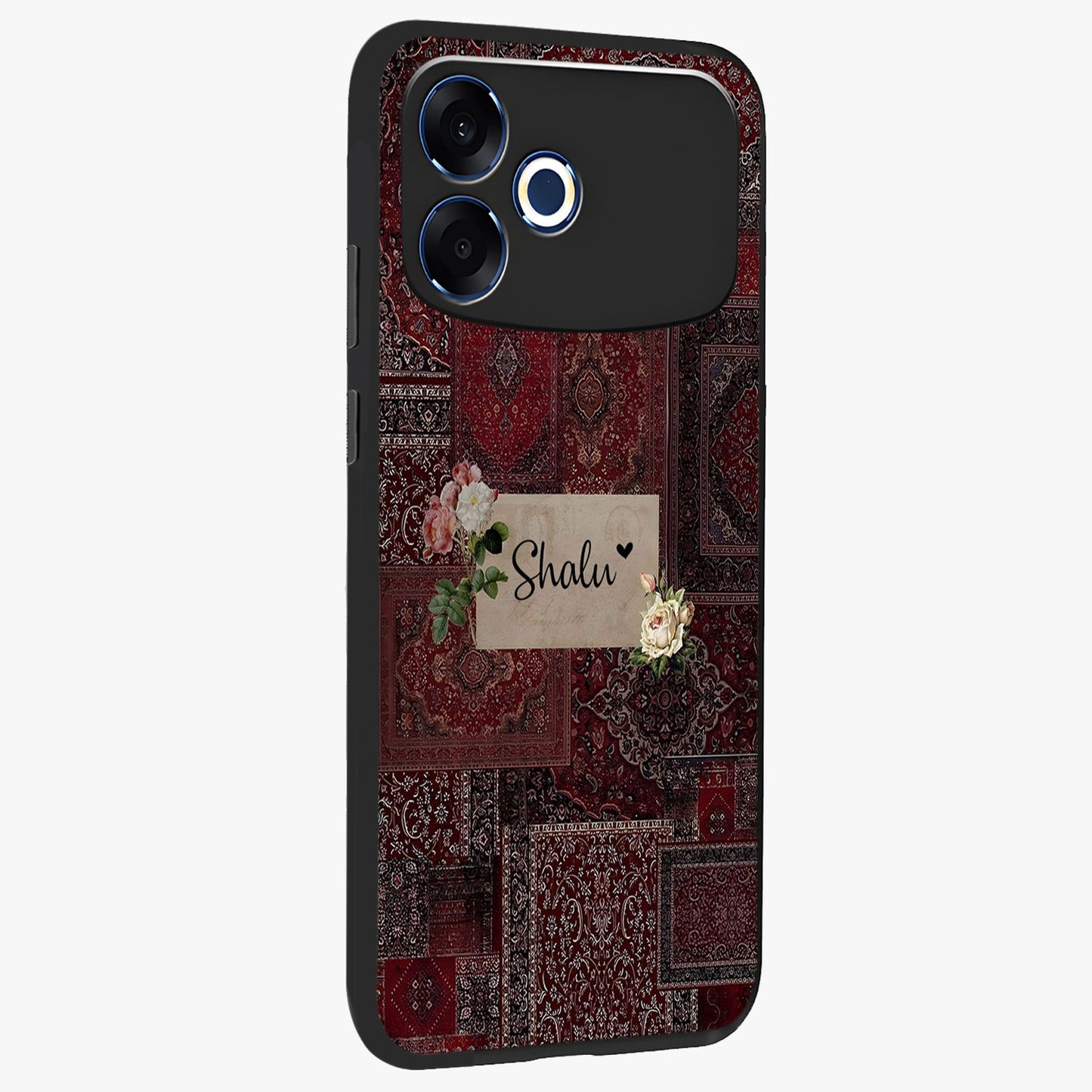 Velvet Wine Pattern Custom Name Glass Case upright view showcasing luxurious wine toned artwork with personalized aesthetic.