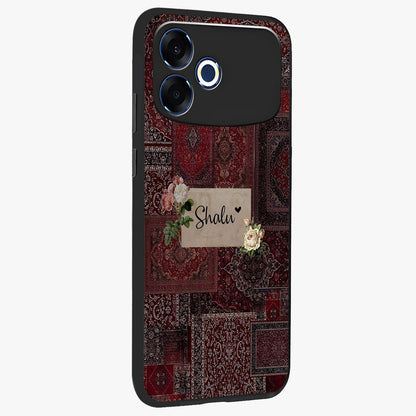 Velvet Wine Pattern Custom Name Glass Case upright view showcasing luxurious wine toned artwork with personalized aesthetic.