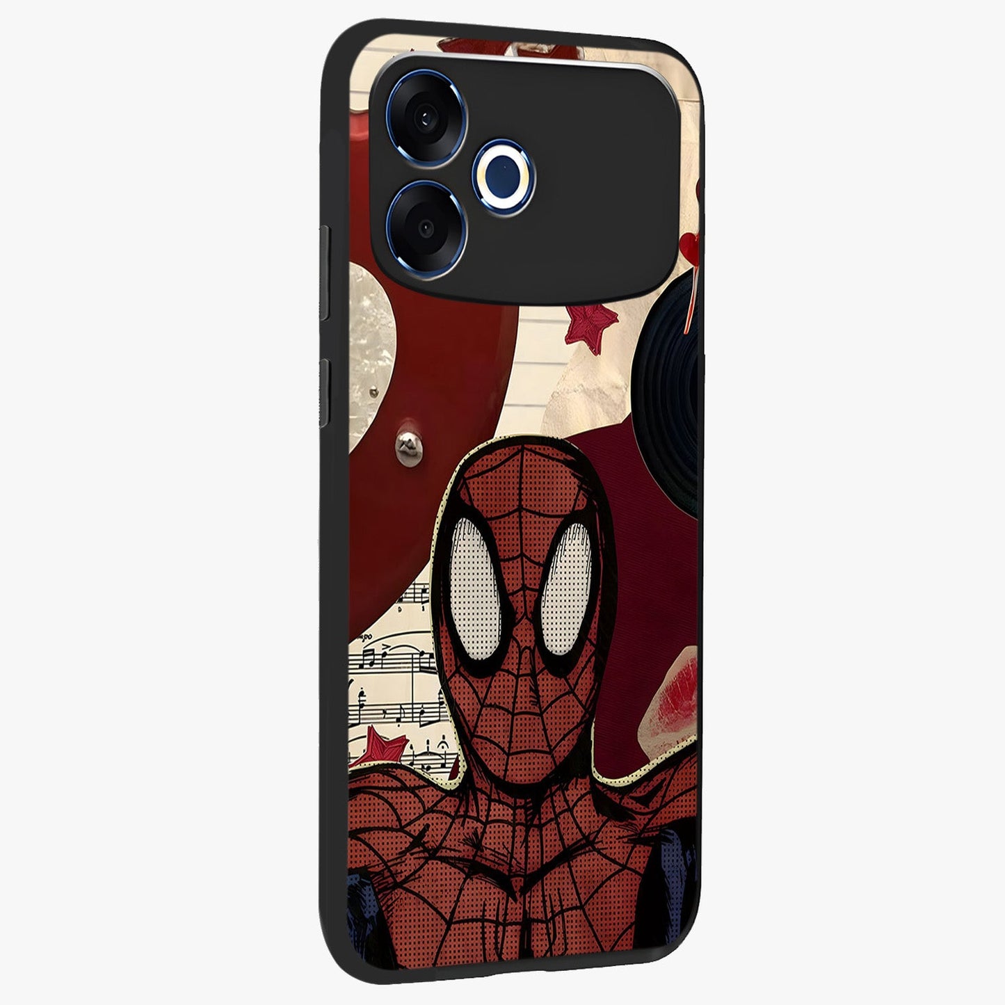 Web Warrior Vibes Glass Case upright view showcasing energetic superhero artwork with bold action theme.