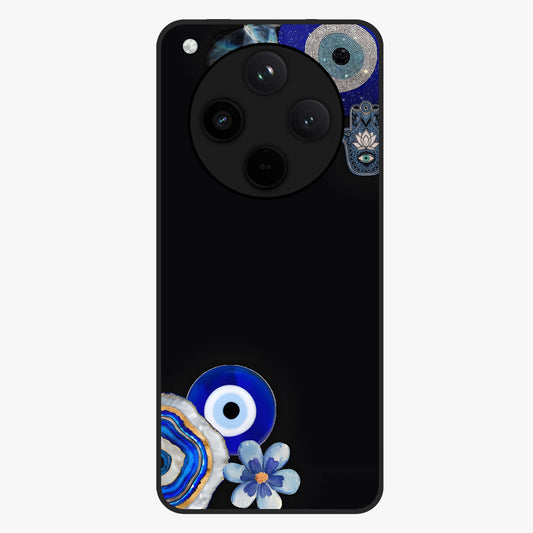 Aesthetic Blue Evil Eye Glass Case showing flat back view with protective evil eye artwork and glossy glass finish.