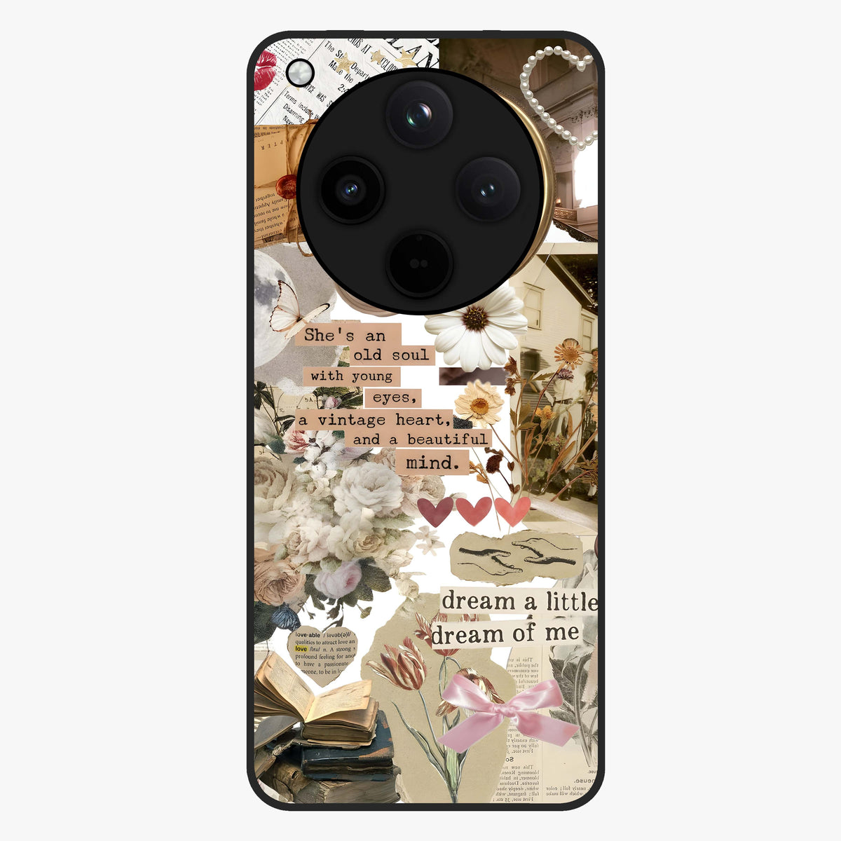 Aesthetic Brown Vintage Collage Glass Case showing flat back view with retro collage artwork and glossy glass finish.