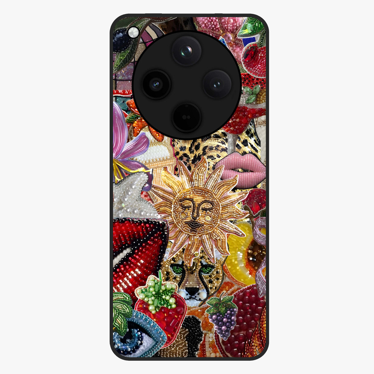 Beaded Fashion Jungle Glass Case showing flat back view with vibrant jungle inspired bead artwork and glossy glass finish.