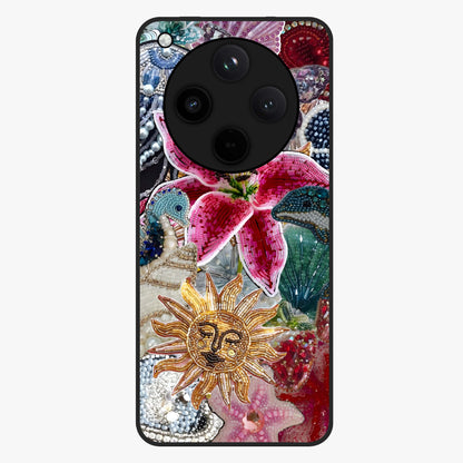 Beaded Garden Fantasy Glass Case showing flat back view with dreamy garden bead artwork and glossy glass finish.