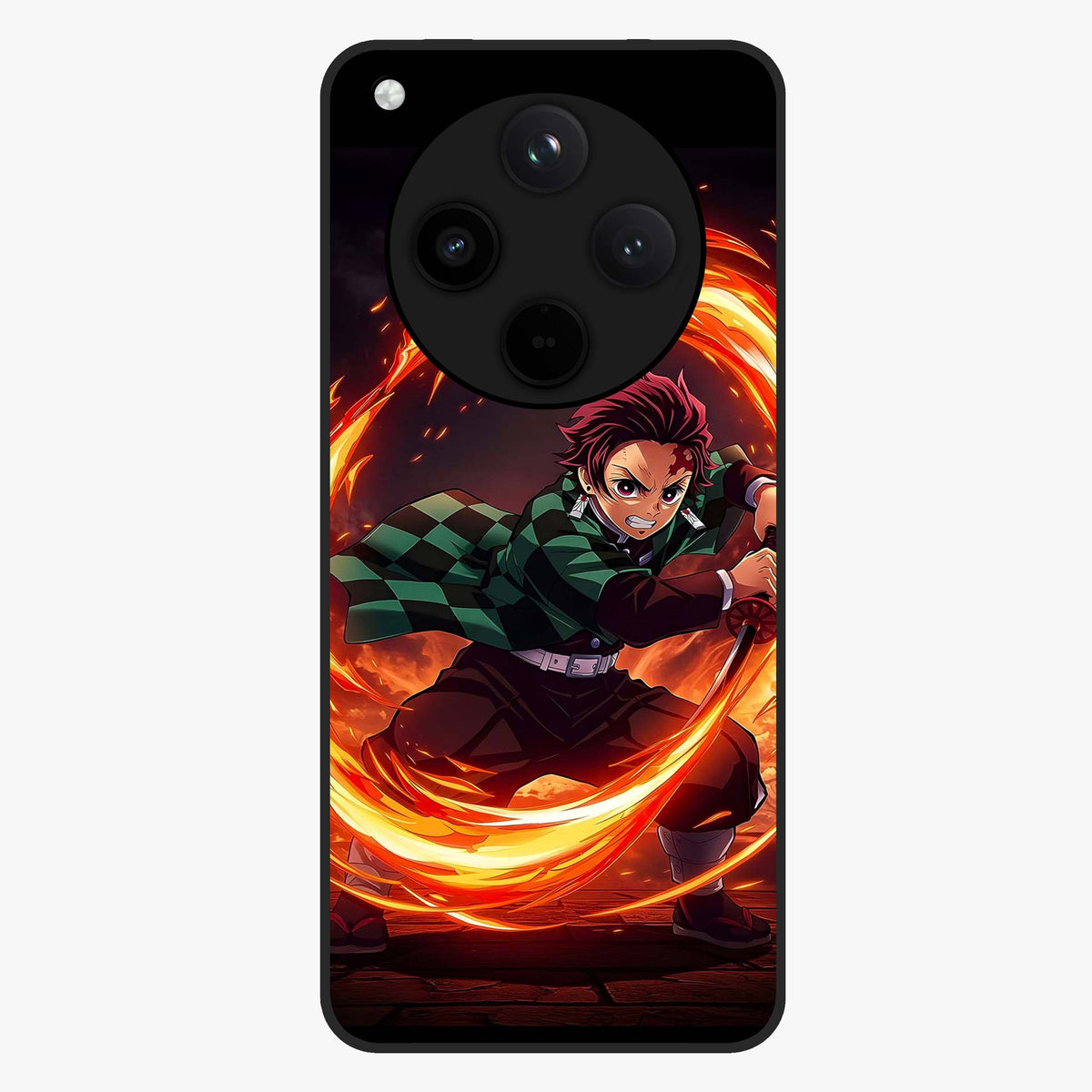 Blazing Sword Resolve Glass Case showing flat back view with fiery sword artwork and glossy glass finish.