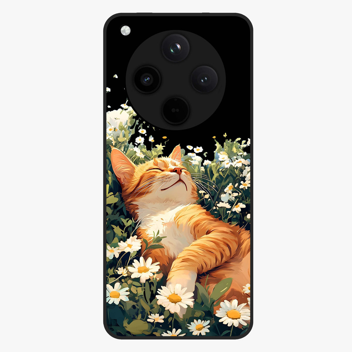 Blissful Bloom Cat Glass Case showing flat back view with cute cat and floral bloom artwork and glossy glass finish.