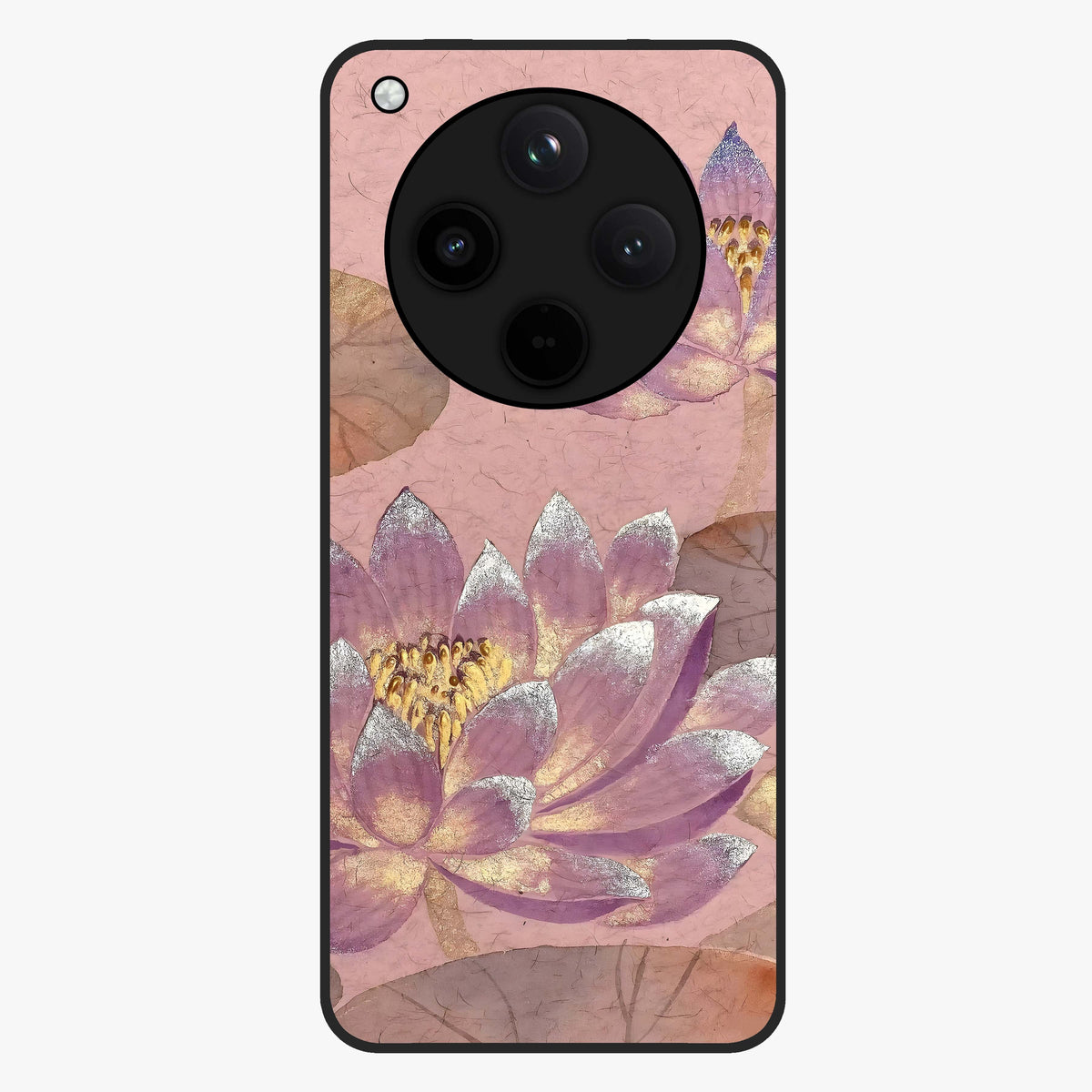 Blossom Mist Lotus Glass Case showing flat back view with serene lotus blossom artwork and glossy glass finish.