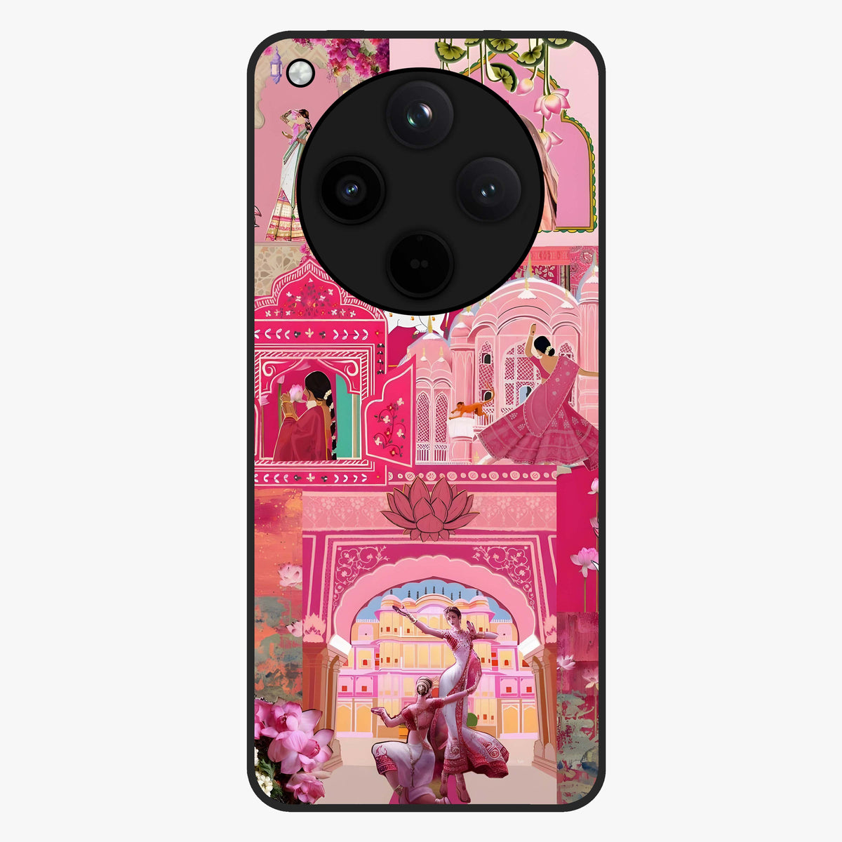 Blossoms of Rajasthan Glass Case showing flat back view with traditional floral artwork inspired by Rajasthan and glossy glass finish.