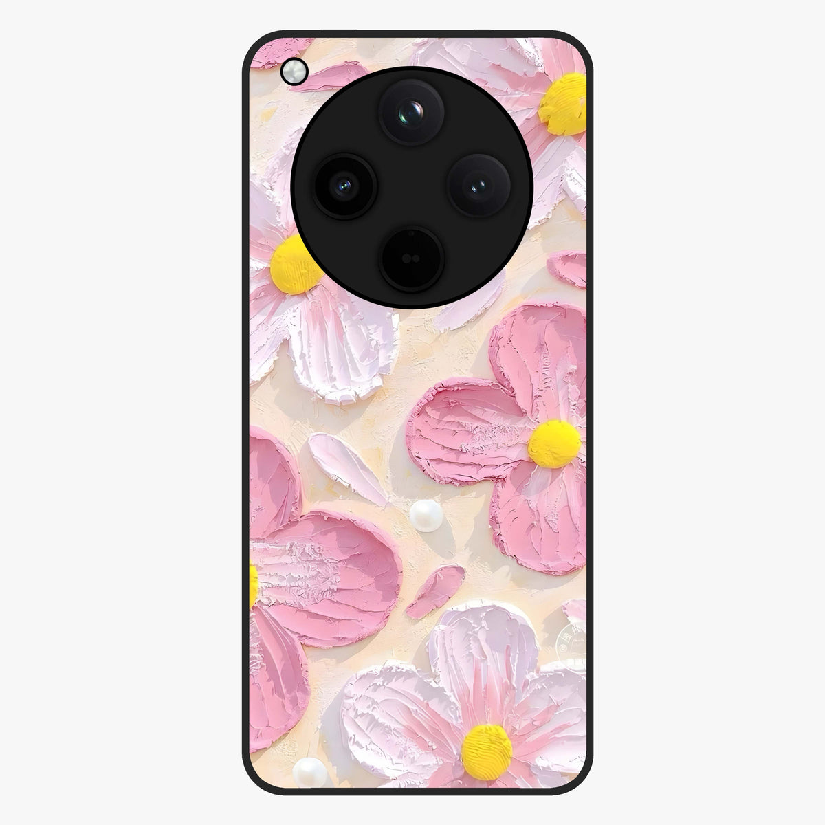 Blush Bloom Texture Glass Case showing flat back view with soft blush floral texture artwork and glossy glass finish.