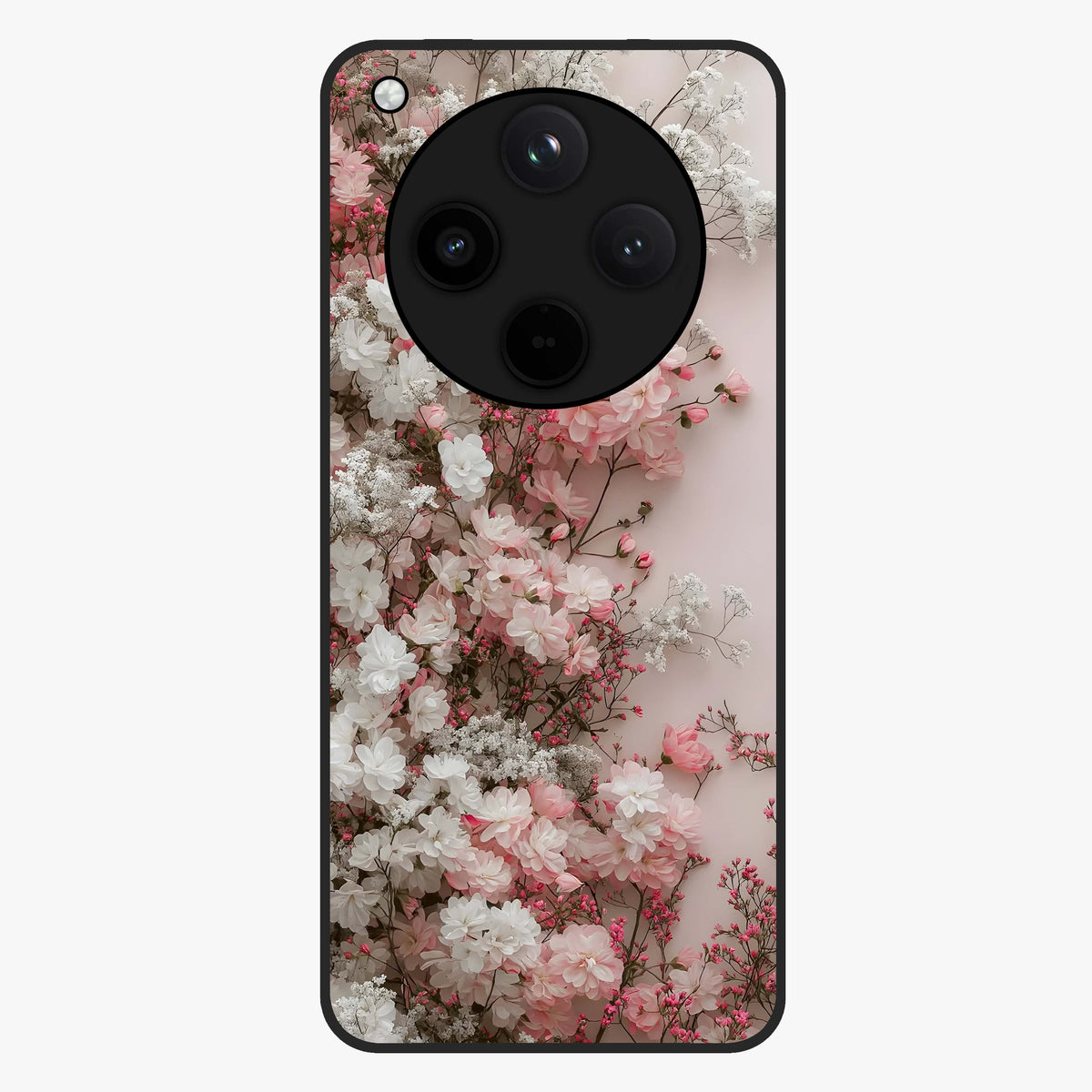 Blush Blossom Cloud Glass Case showing flat back view with dreamy blush cloud blossom artwork and glossy glass finish.