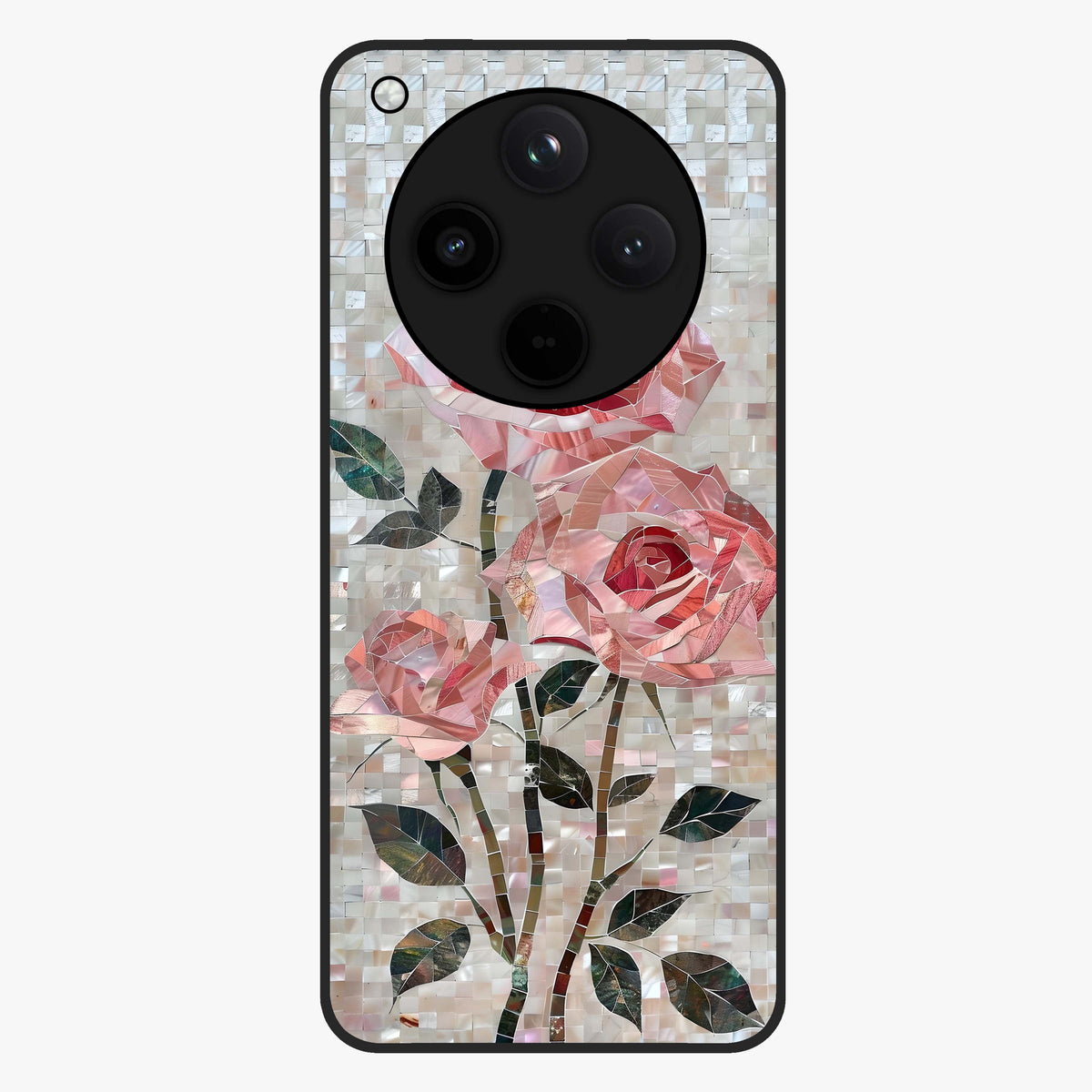 Blush Mosaic Bloom Glass Case showing flat back view with mosaic floral bloom artwork and glossy glass finish.