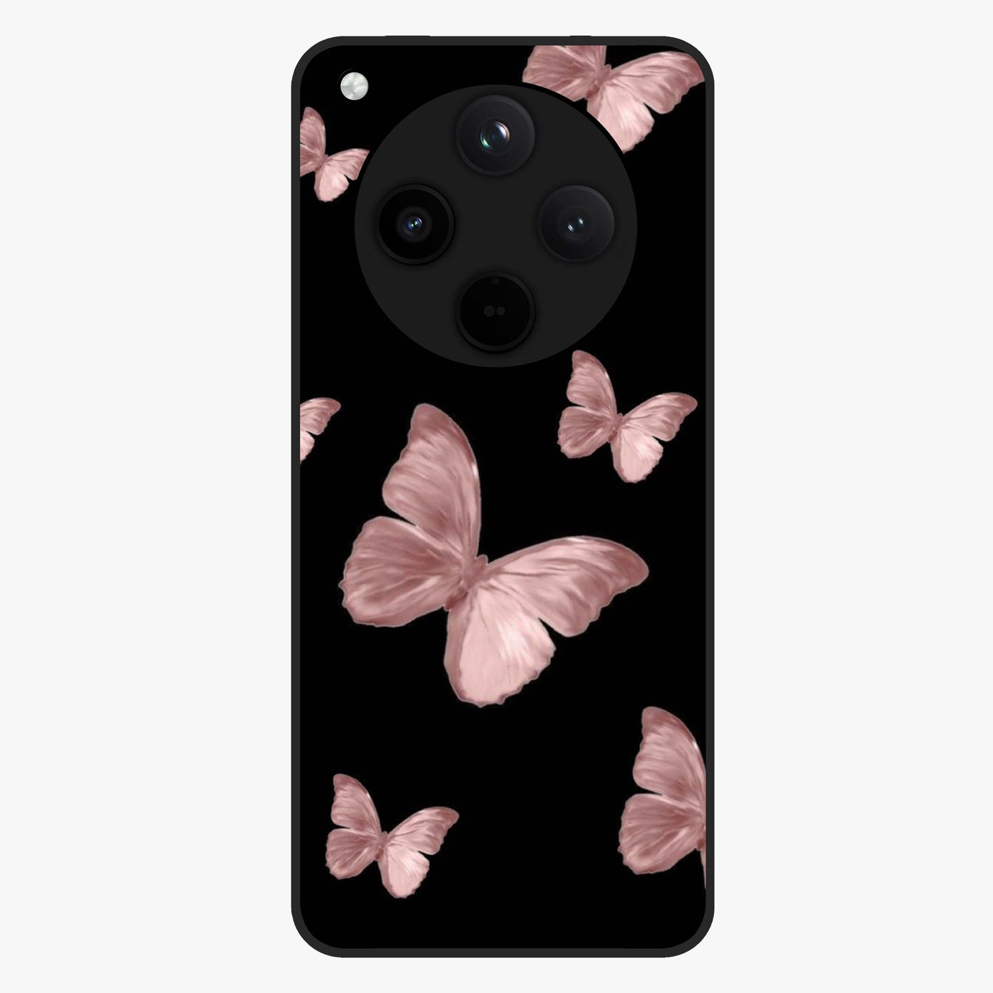 Butterfly Pattern Glass Case showing flat back view with elegant butterfly pattern artwork and glossy glass finish.