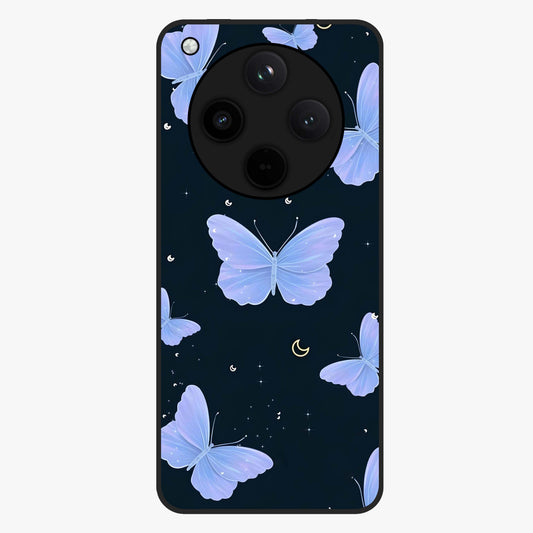 Butterfly With Stars Pattern Glass Case showing flat back view with butterfly and star pattern artwork and glossy glass finish.