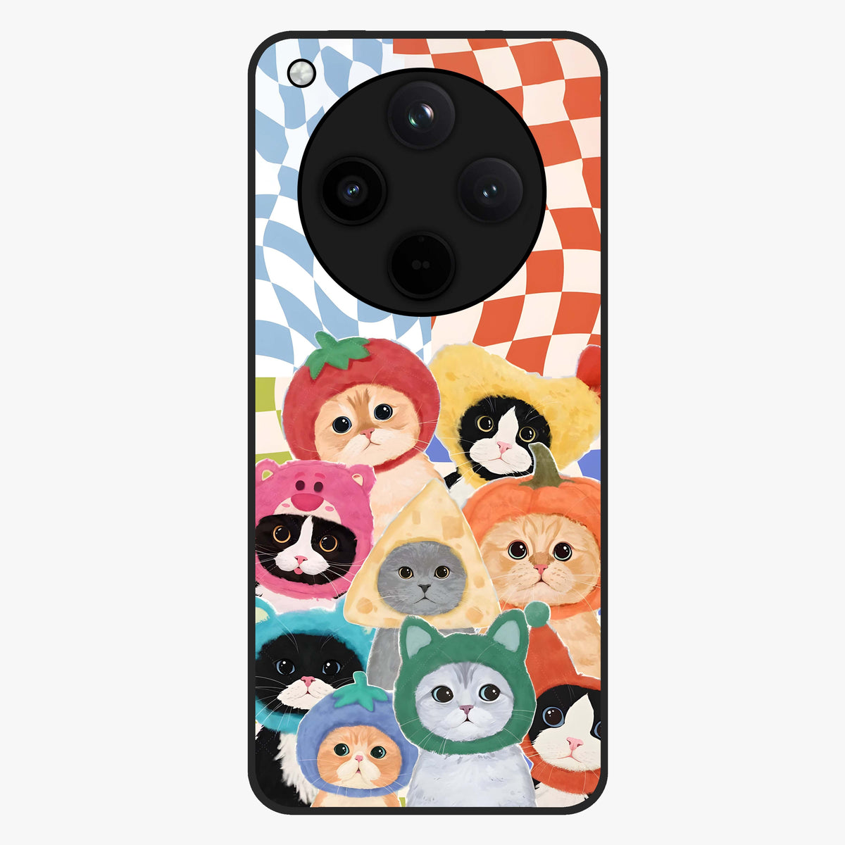 Cats in Fruits Glass Case showing flat back view with playful cat illustrations inside fruit artwork and glossy glass finish.