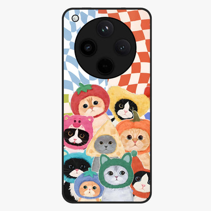 Cats in Fruits Glass Case showing flat back view with playful cat illustrations inside fruit artwork and glossy glass finish.