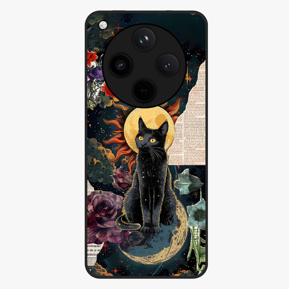 Celestial Black Cat Glass Case showing flat back view with mystical black cat artwork and glossy glass finish.