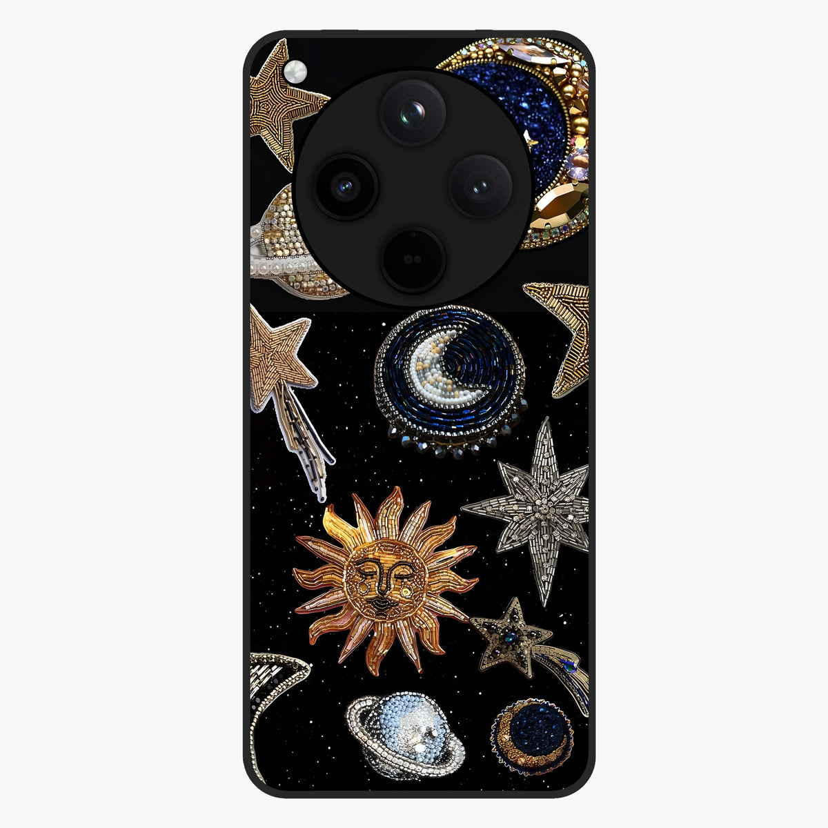 Celestial Gem Constellations Glass Case showing flat back view with sparkling constellation artwork and glossy glass finish.