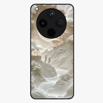 Celestial Origami Glass Case showing flat back view with artistic origami inspired celestial artwork and glossy glass finish.