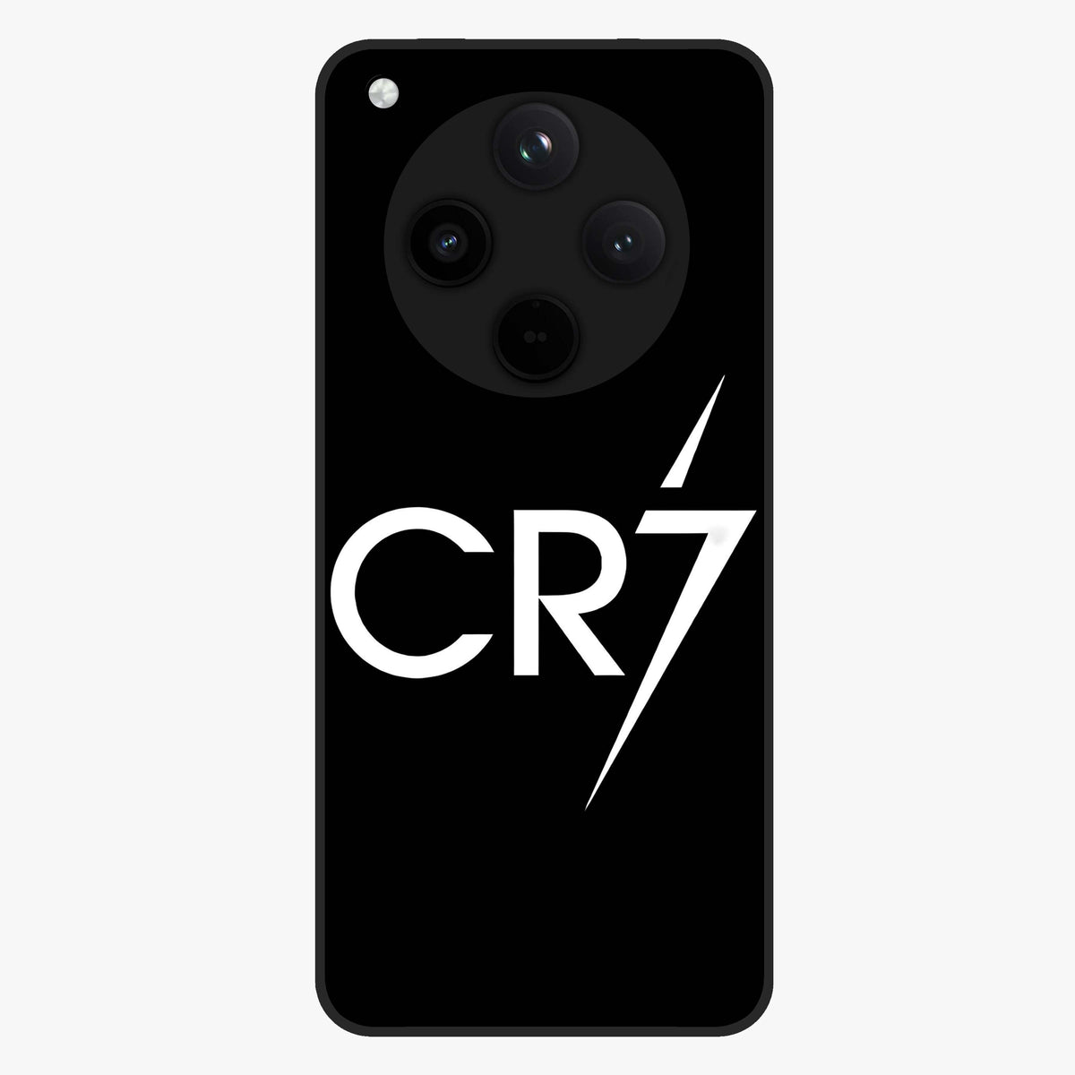Cr7 Elite Strike Glass Case showing flat back view with dynamic football inspired artwork and glossy glass finish.