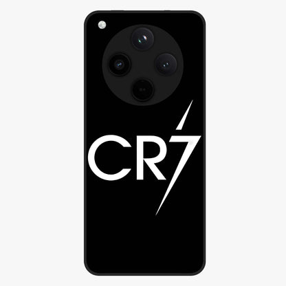 Cr7 Elite Strike Glass Case showing flat back view with dynamic football inspired artwork and glossy glass finish.