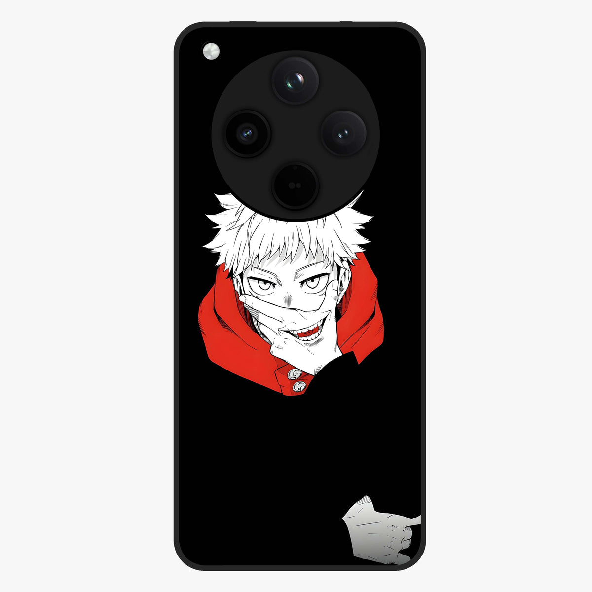 Crimson Chaos Smile Glass Case showing flat back view with bold chaotic smile artwork and glossy glass finish.