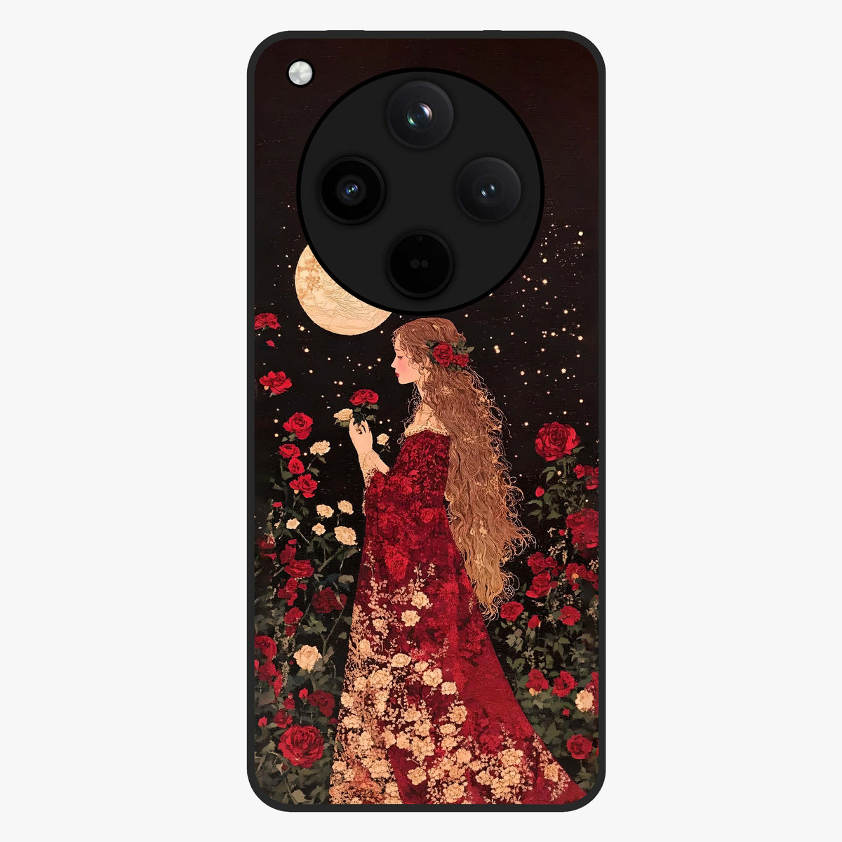 Crimson Dreams Glass Case showing flat back view with dreamy crimson artwork and glossy glass finish.
