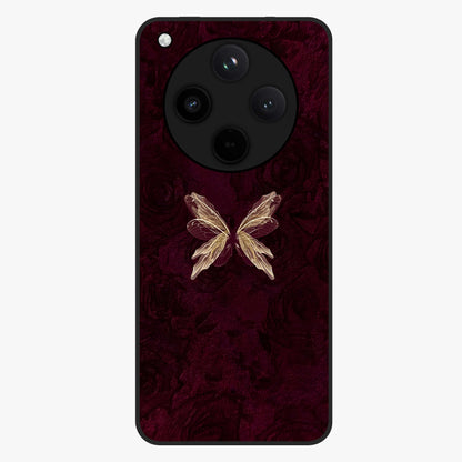 Crimson Fade Butterfly Glass Case showing flat back view with fading butterfly artwork and glossy glass finish.