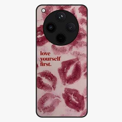 Crimson Kiss Love Glass Case showing flat back view with romantic crimson themed artwork and glossy glass finish.
