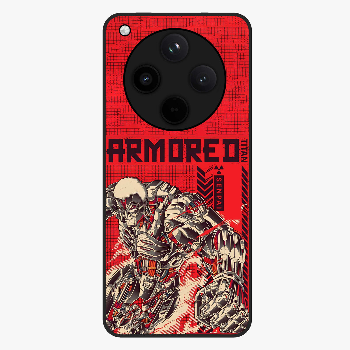Crimson Mecha Titan Glass Case showing flat back view with powerful mech titan artwork and glossy glass finish.