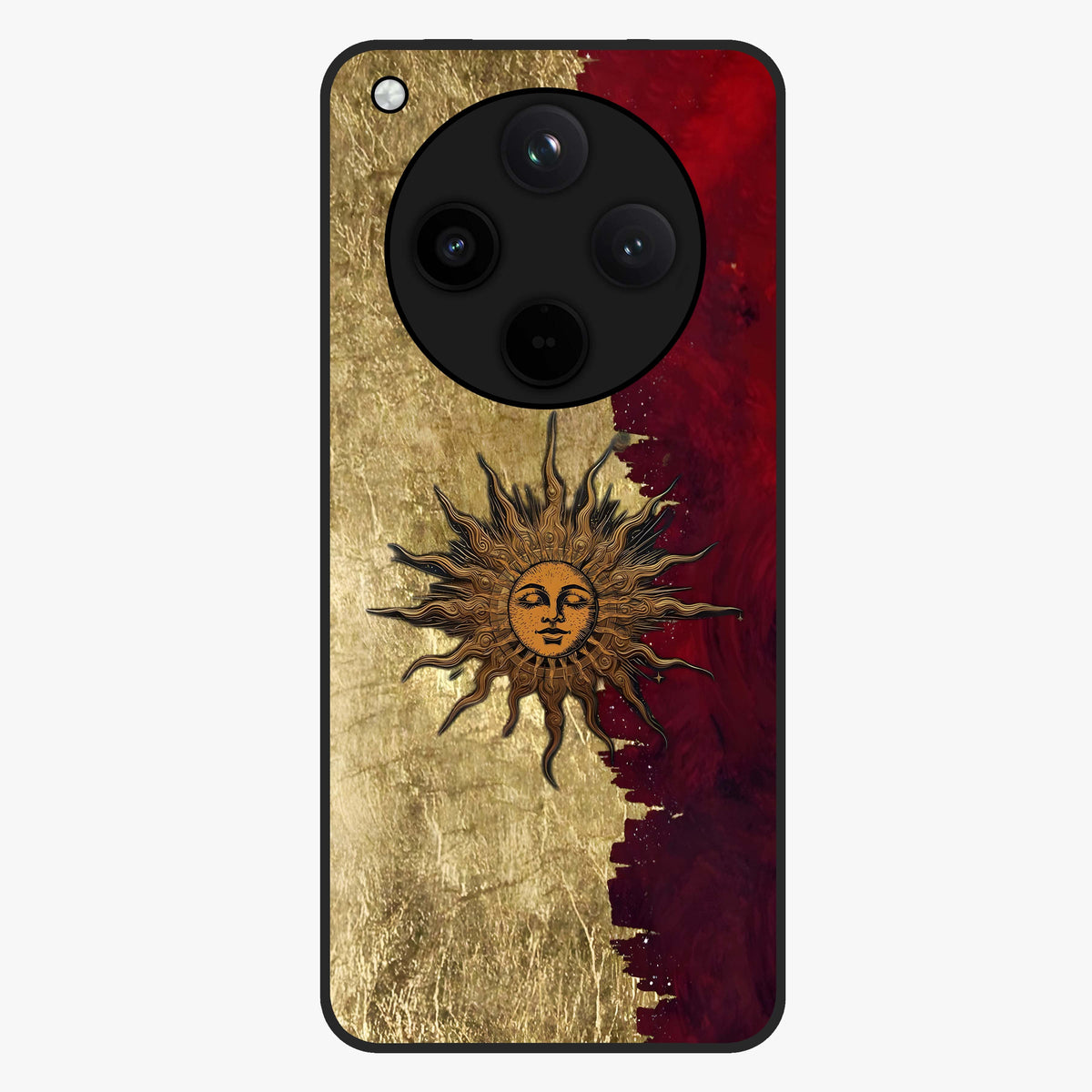 Crimson Sun Majesty Glass Case showing flat back view with radiant sun inspired artwork and glossy glass finish.