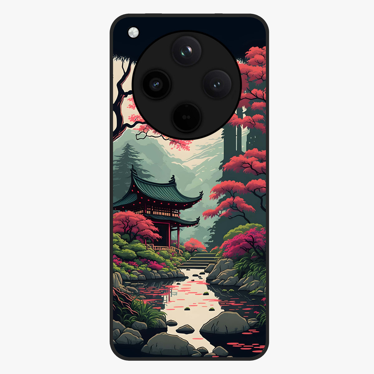 Crimson Temple View Glass Case showing flat back view with temple inspired artwork and glossy glass finish.
