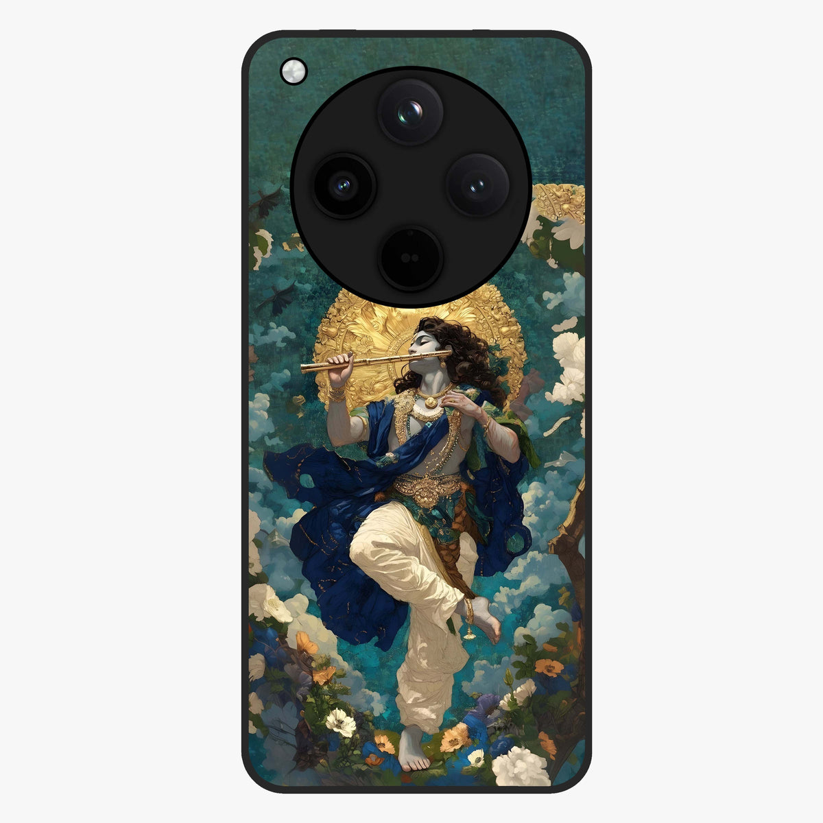 Divine Krishna Art Glass Case showing flat back view with Lord Krishna artwork and glossy glass finish.
