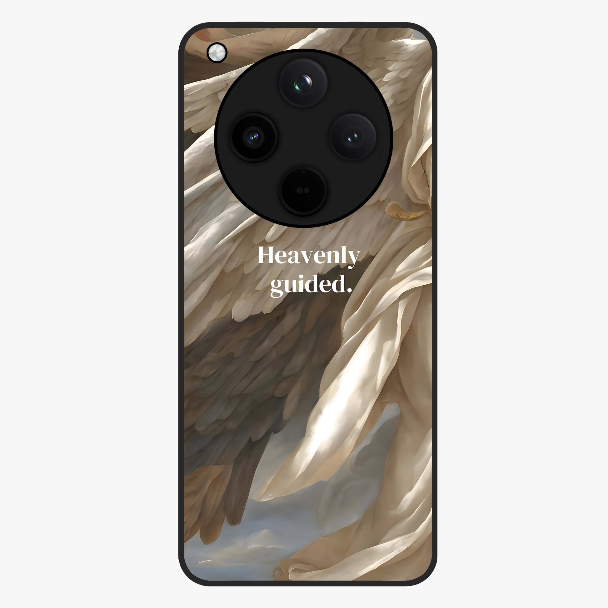 Divine Winged Grace Glass Case showing flat back view with elegant wing inspired artwork and glossy glass finish.
