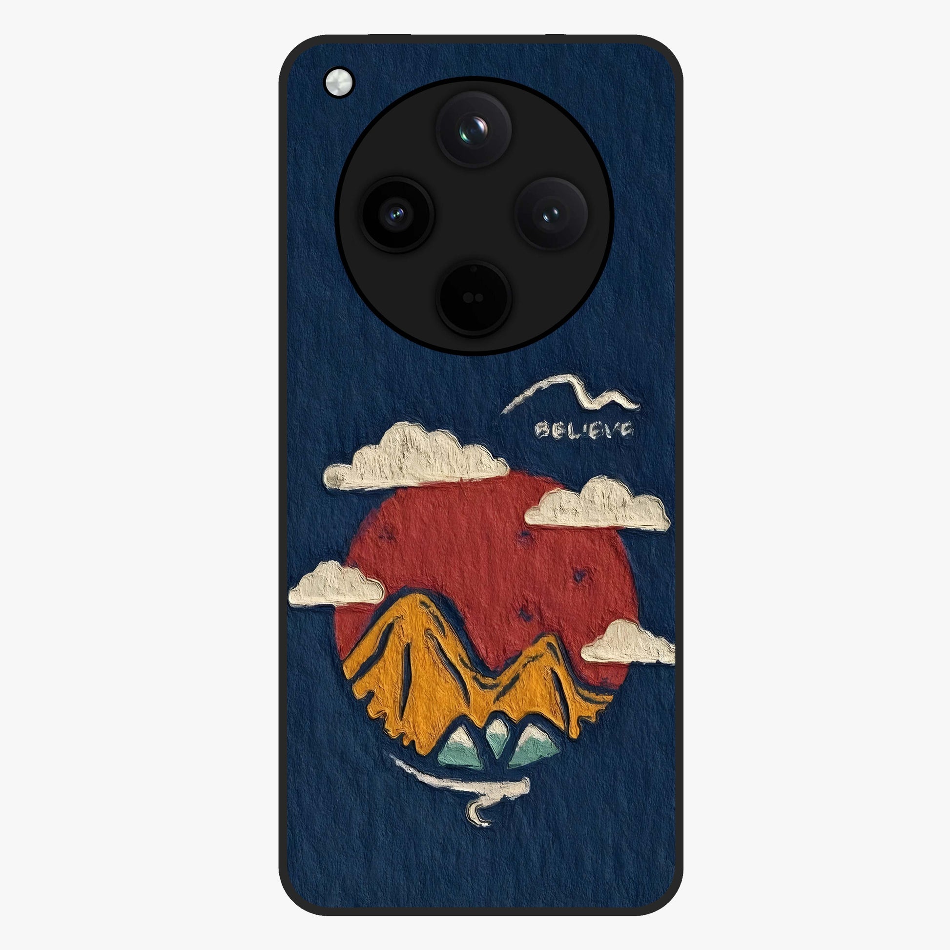 Dream Beyond Mountains Glass Case showing flat back view with scenic mountain landscape artwork and glossy glass finish.