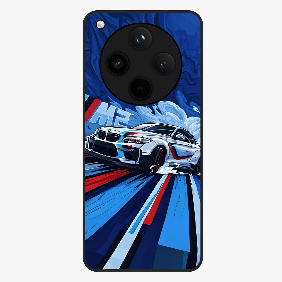 Drift Power Rush Glass Case showing flat back view with dynamic racing inspired artwork and glossy glass finish.
