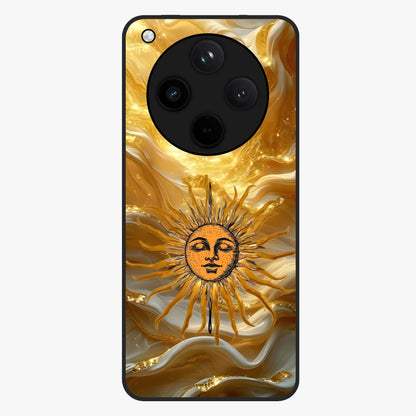 Eternal Golden Glow Glass Case showing flat back view with radiant golden themed artwork and glossy glass finish.