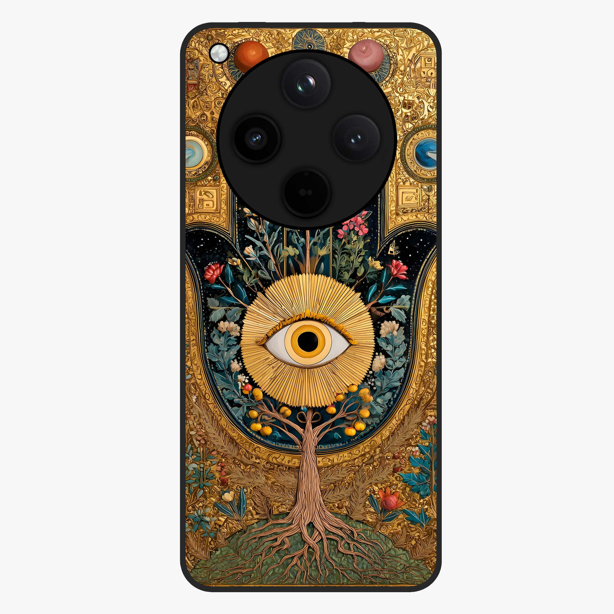 Ethereal Evil Eye Glass Case showing flat back view with mystical evil eye artwork and glossy glass finish.