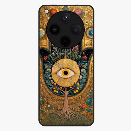 Ethereal Evil Eye Glass Case showing flat back view with mystical evil eye artwork and glossy glass finish.