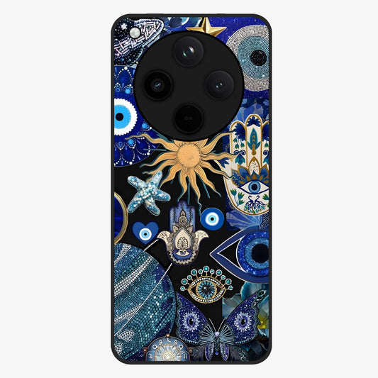 Evil Eye Charm Mix Glass Case showing flat back view with multiple evil eye charms artwork and glossy glass finish.