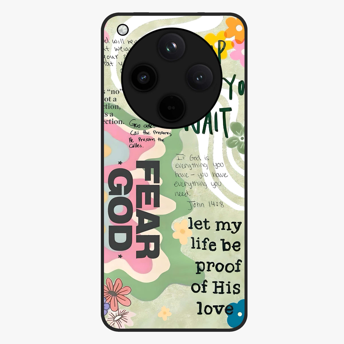 Faith Over Fear Glass Case showing flat back view with motivational typography artwork and glossy glass finish.