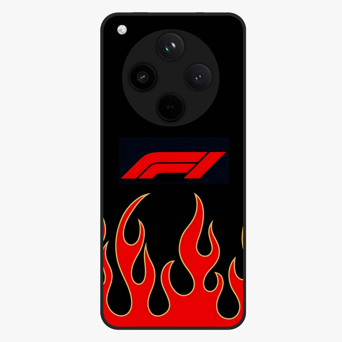 Fire F11 Glass Case showing flat back view with fiery themed artwork and glossy glass finish.