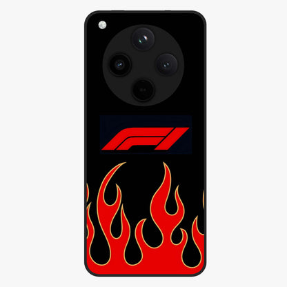 Fire F11 Glass Case showing flat back view with fiery themed artwork and glossy glass finish.