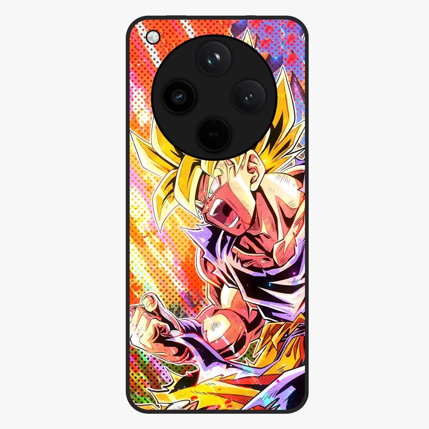 Firing Goku Glass Case showing flat back view with powerful anime inspired artwork and glossy glass finish.