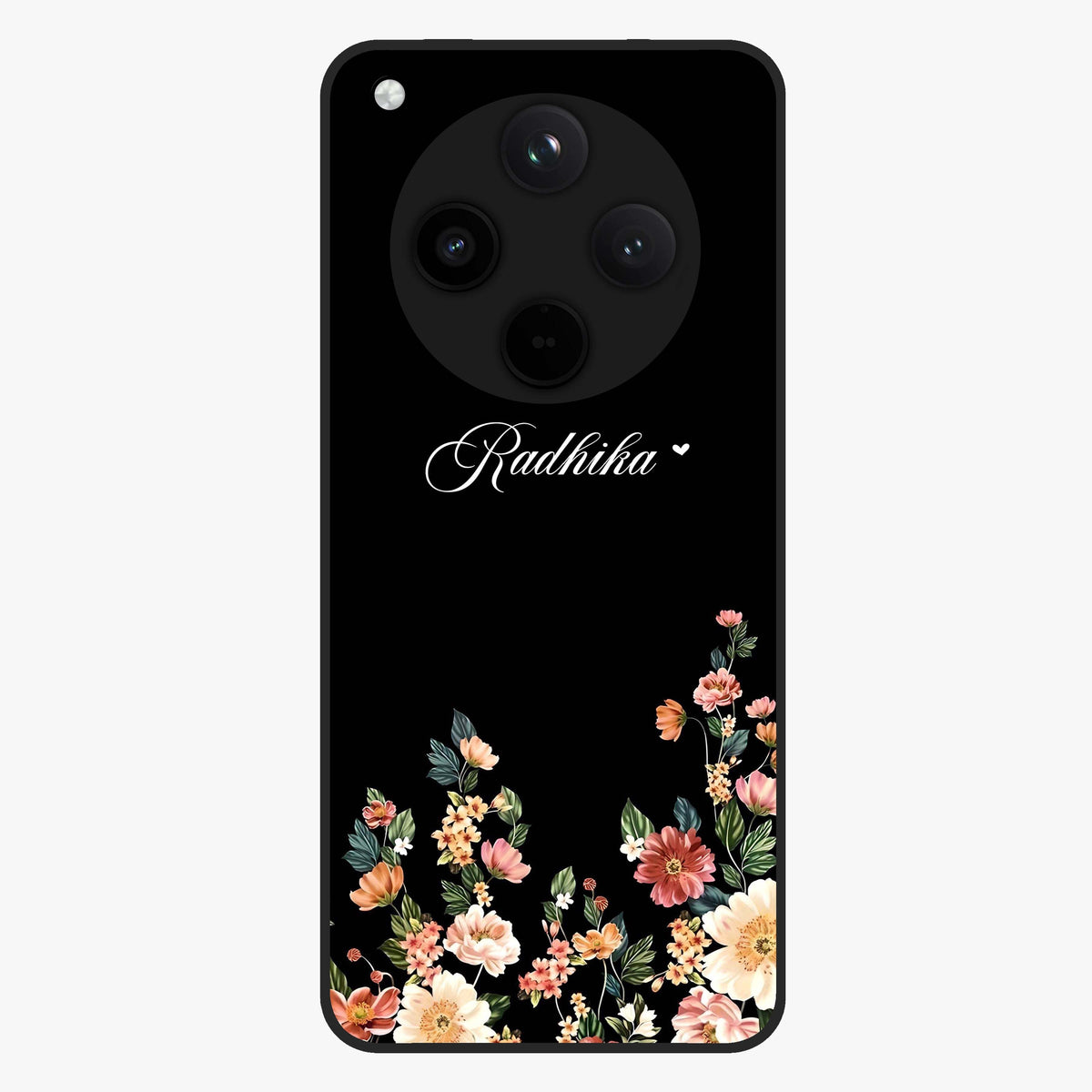 Floral Design With a Custom Personalized Name Glass Case showing flat back view with floral artwork and personalized name design.