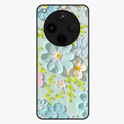 Frosted Petal Garden Glass Case showing flat back view with soft frosted floral artwork and glossy glass finish.