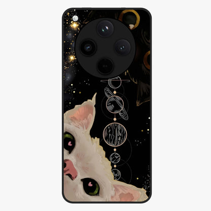 Galactic Cat Glass Case showing flat back view with cosmic cat artwork and glossy glass finish.