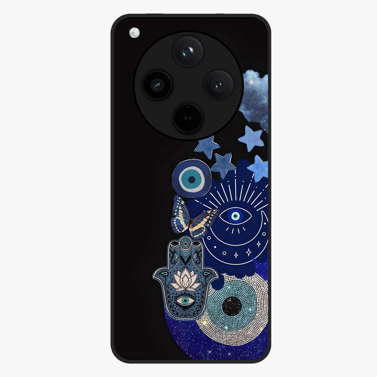 Galactic Charm Cluster Glass Case showing flat back view with glowing celestial charm artwork and glossy glass finish.