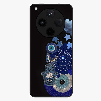 Galactic Charm Cluster Glass Case showing flat back view with glowing celestial charm artwork and glossy glass finish.