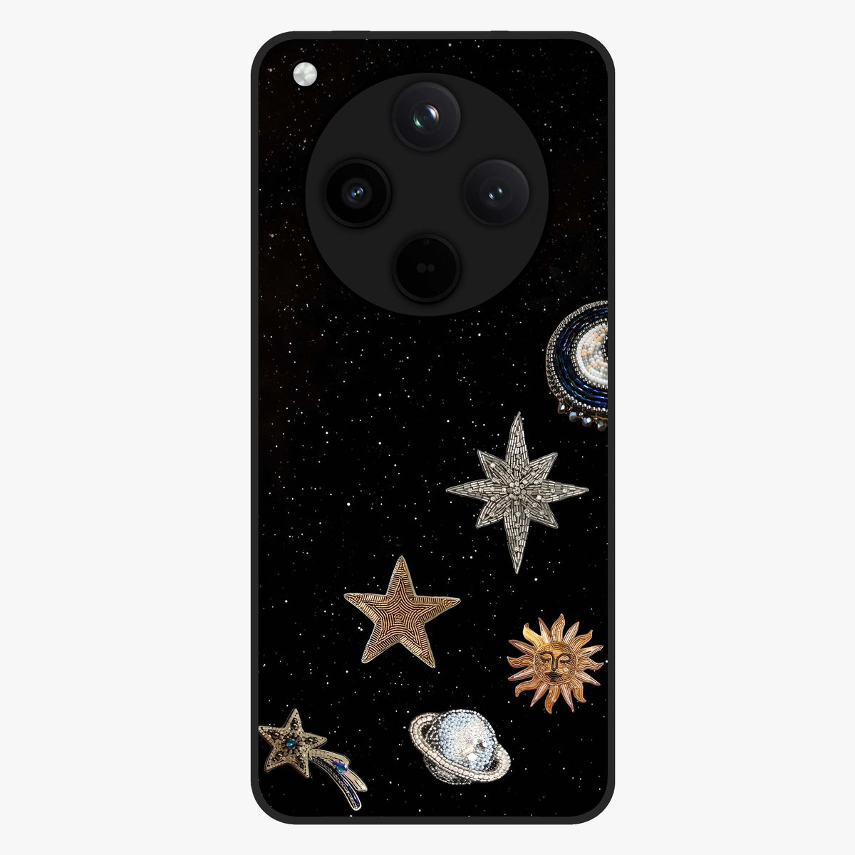 Galactic Charm Glow Glass Case showing flat back view with glowing celestial charm artwork and glossy glass finish.